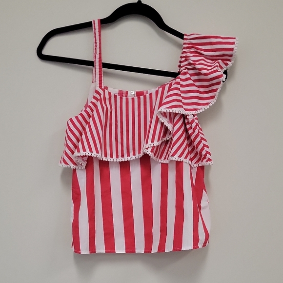 Mayoral Tops - Mayoral Red and White Striped Camisole with Ruffles